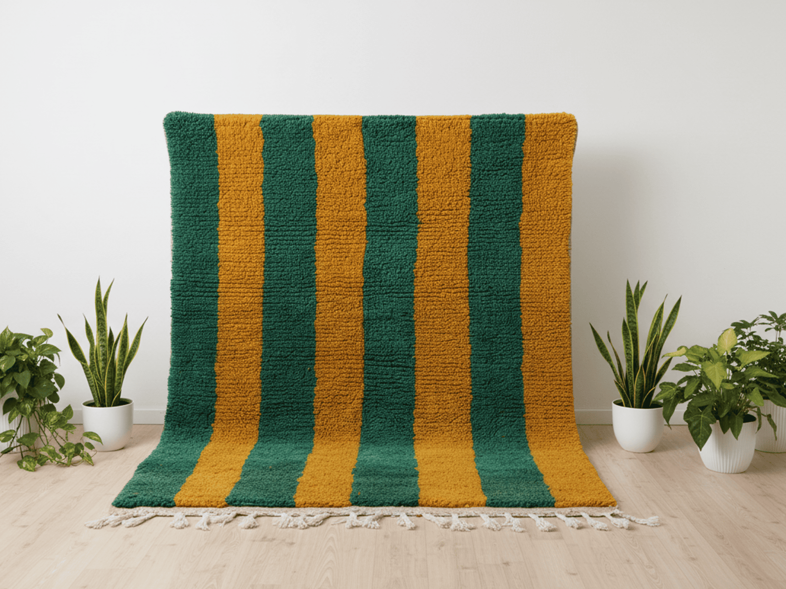 Copie de 4 Boujaad Moroccan Rectangular Area Rug – Green Yellow Striped – Handmade Wool – Image 1