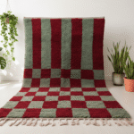 Boujaad Moroccan Rectangular Area Rug – Red Green Checkered – Handmade Wool