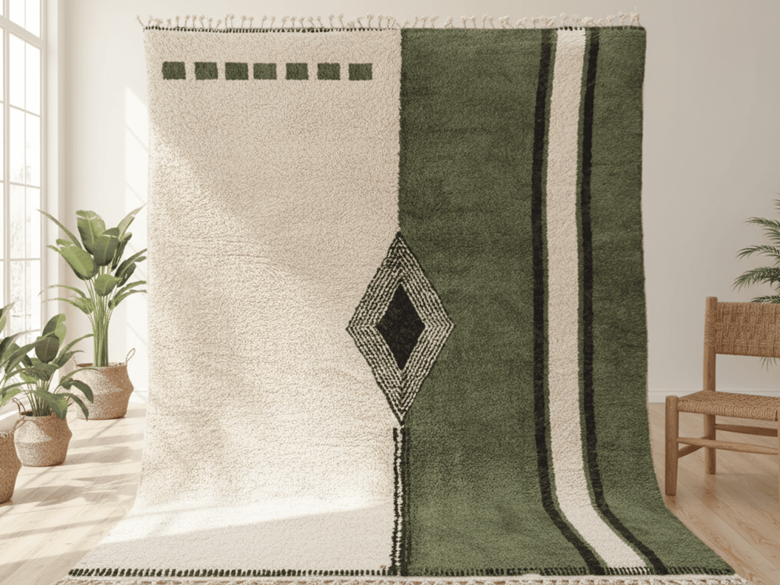 Untitlلegd-3 Beni Ourain Moroccan Rectangular Area Rug – Green Panel Geometry – Handmade Wool – Image 1