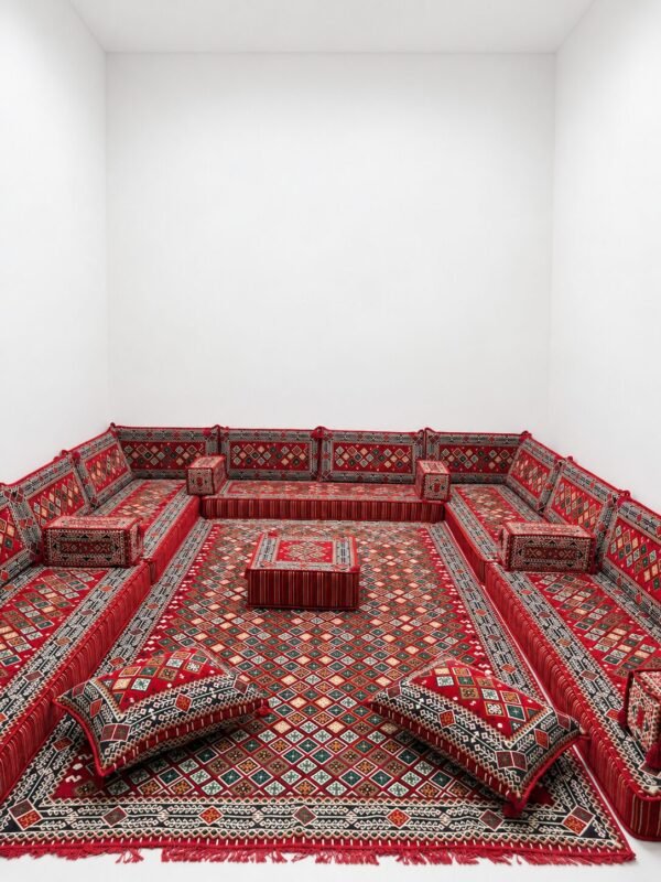 Anzaran Royal Red Majlis – Arabic Floor Sofa Set, Made to Measure