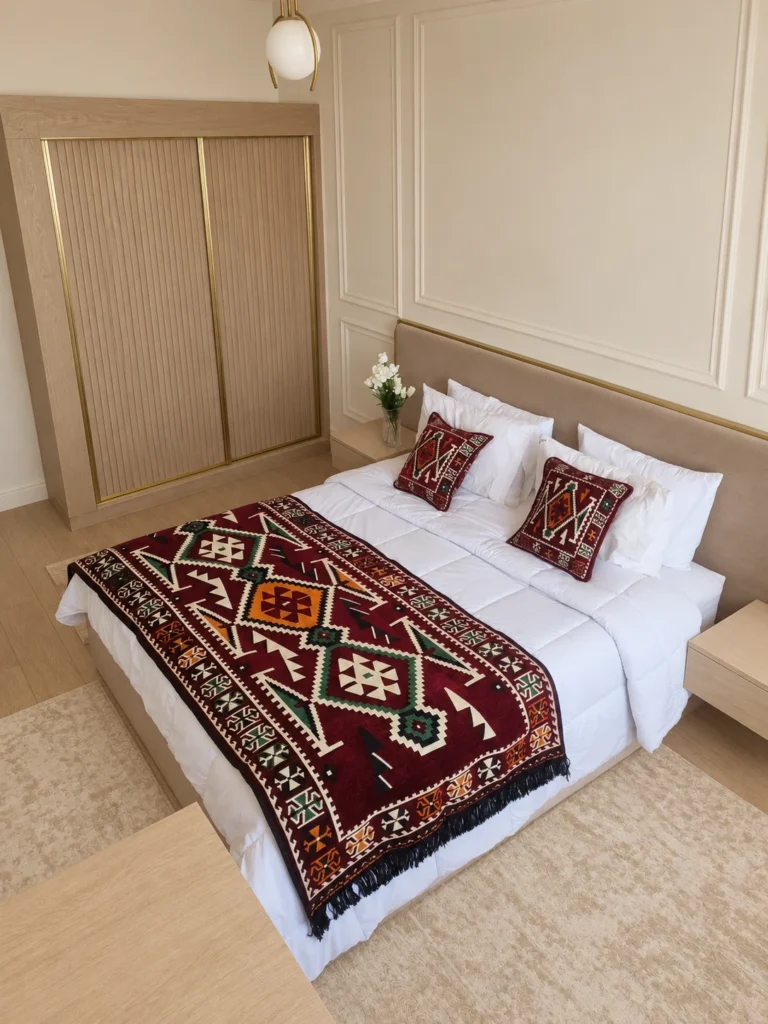 Authentic Heritage Bed Set – Moroccan Bed Runner Rug 2 × 1 m with Two 40 × 40 cm Cushions, Burgundy or Red