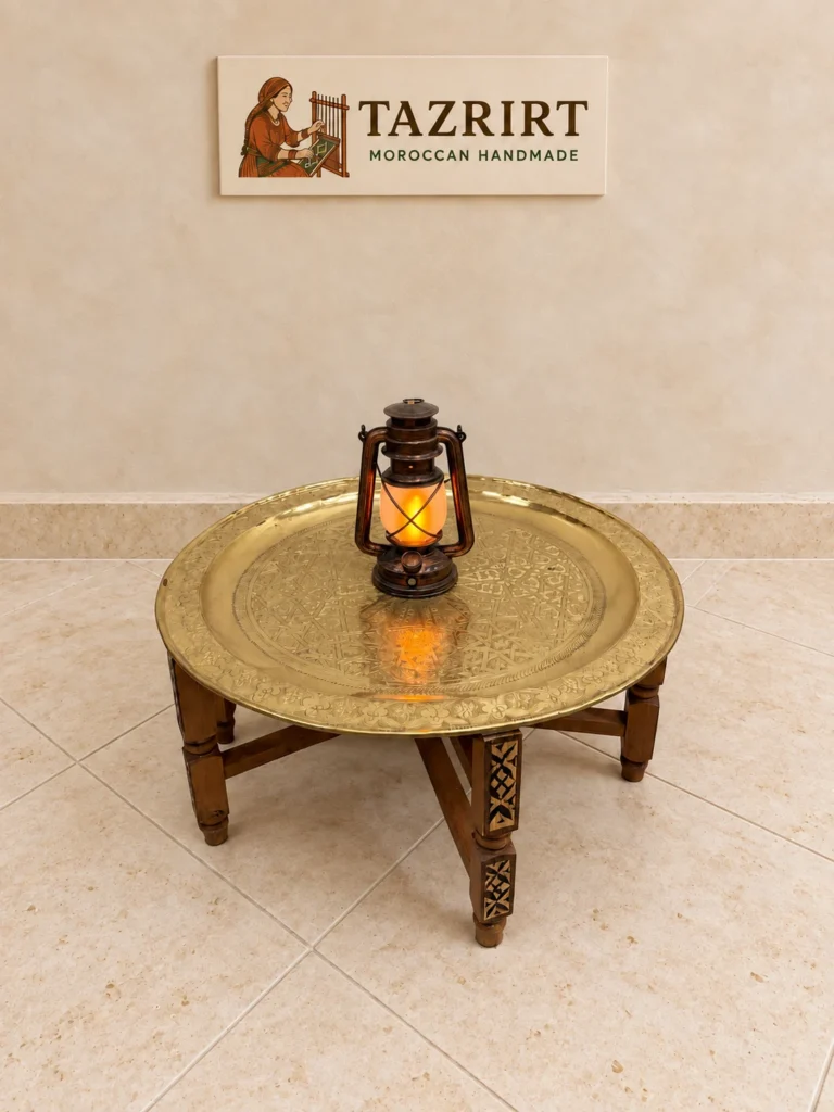 Hand-Engraved Moroccan Brass Tray Table – 70 cm Tray on a Folding Carved Wood Stand