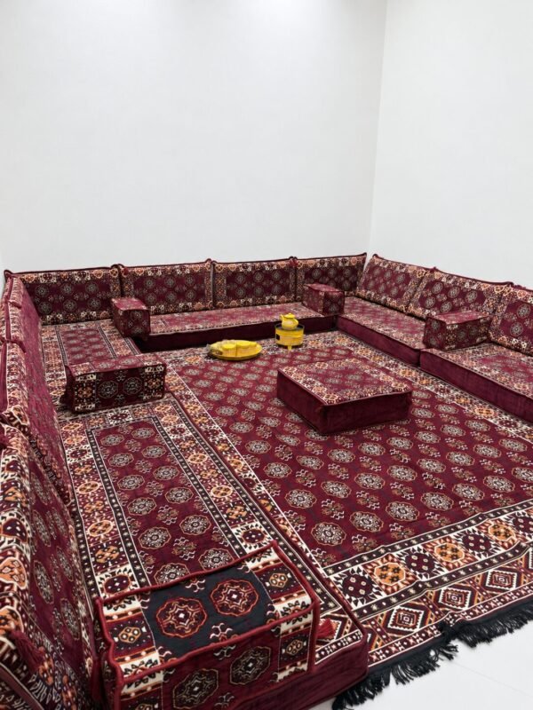 Burgundy majlis with a yellow tea set