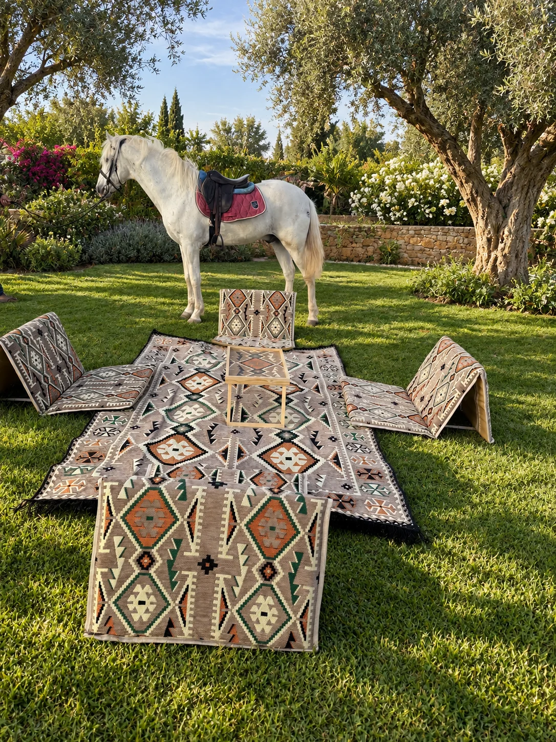 Taupe Sahrawi outing majlis set seen from the front: four folding seats around the kilim-pattern rug on a lawn, with a white horse behind