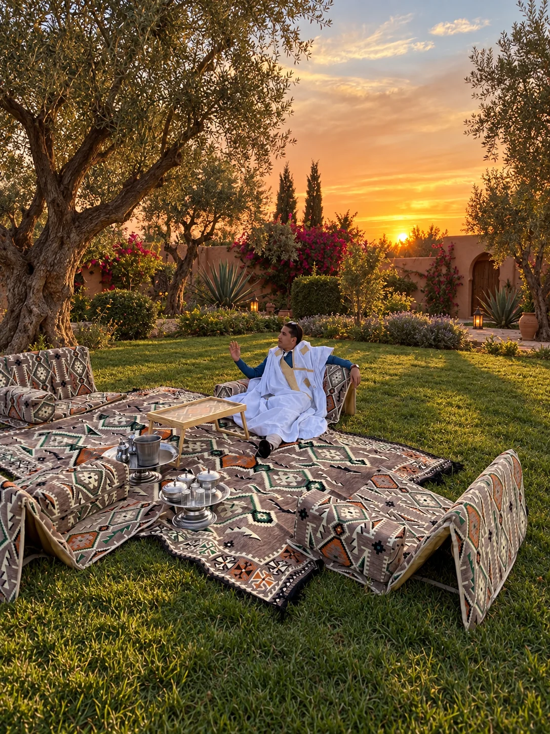 Taupe Sahrawi outing majlis set in an olive garden at sunset, a man in a white daraa leaning on one of the folding seats