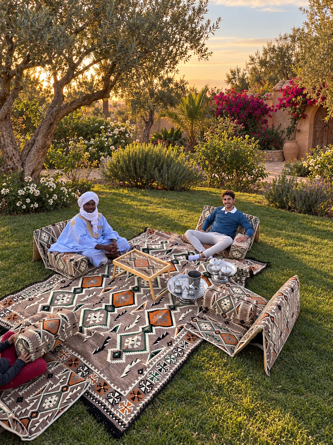 Two men seated on a taupe Sahrawi outing majlis set in a garden, with folding seats, armrest bolsters, the kilim-pattern rug and a tea service