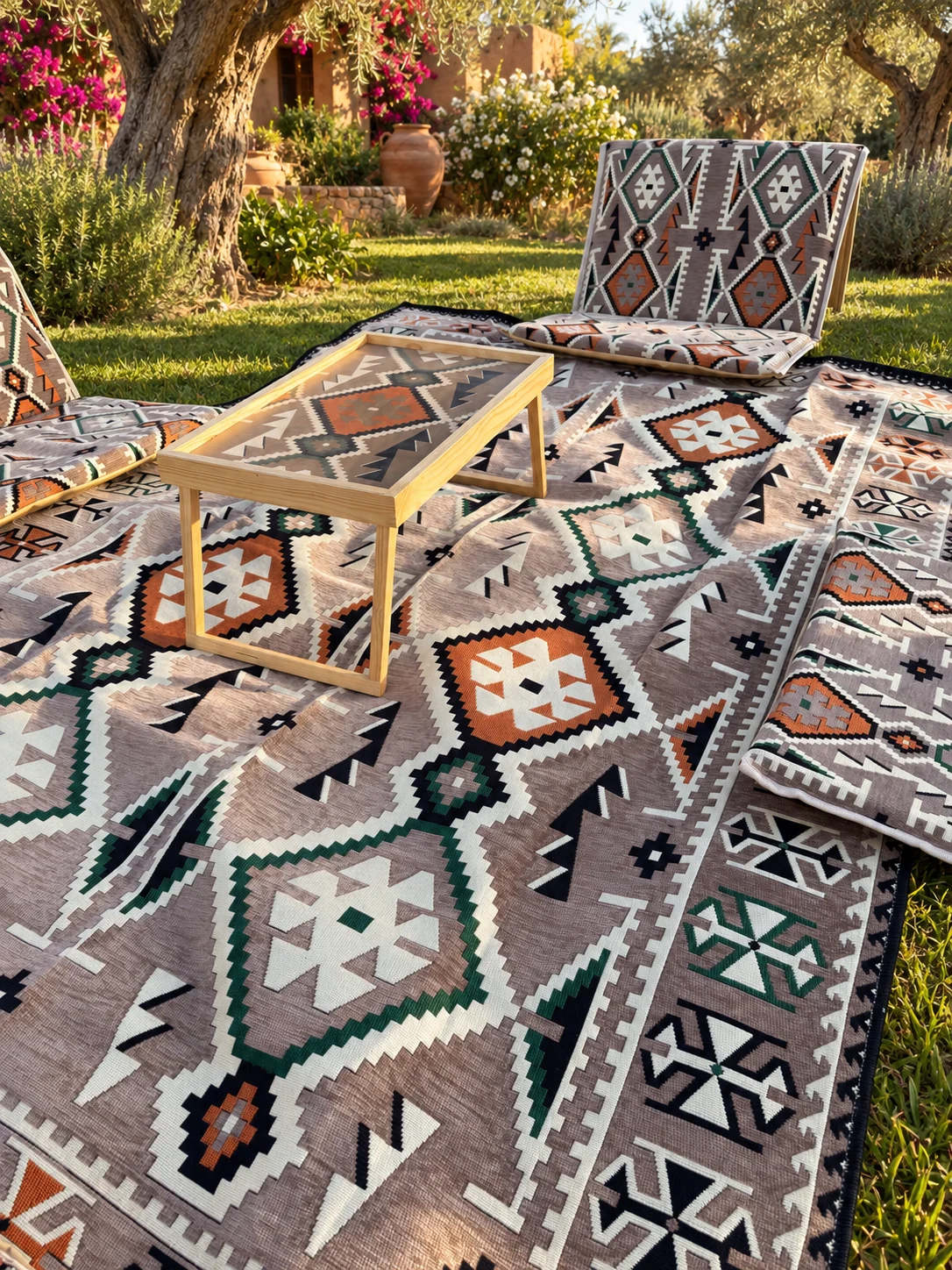 Close view of the kilim-pattern rug of the outing majlis set: taupe ground with terracotta, ivory, green and black diamond motifs, a folding seat behind