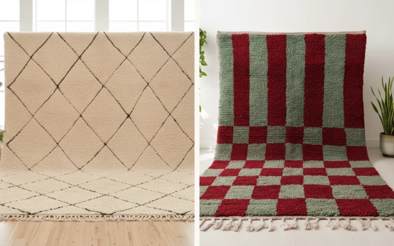 Left: cream Beni Ourain style wool rug with a black diamond grid. Right: Boujaad wool rug with red and sage green stripes and checkerboard blocks.