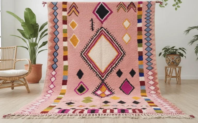 Pink handwoven Moroccan wool rug with multicolor diamonds and symbols, hung on a wall and spread on the floor beside plants and a rattan chair.
