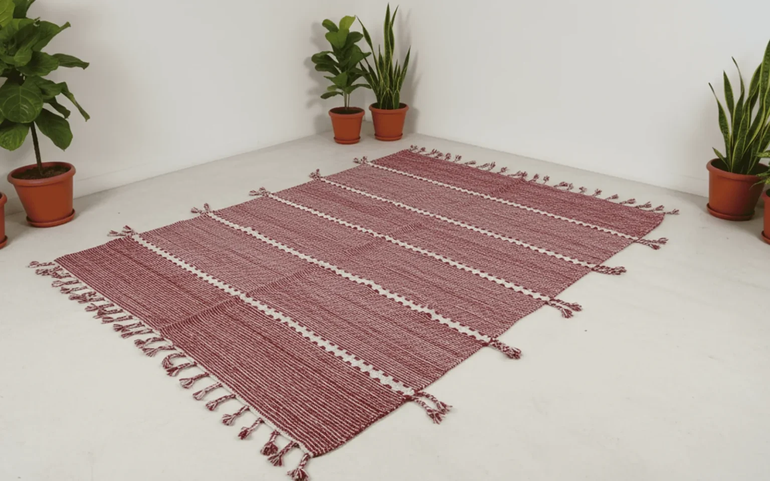 Red and ivory Zanafi handwoven wool flatweave rug laid out in a bright room.