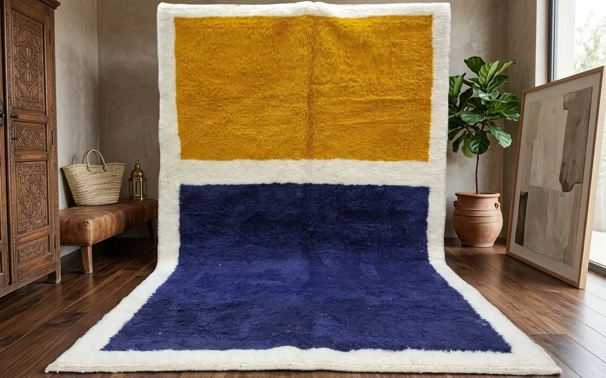 Handwoven Moroccan wool rug with a mustard yellow block over a navy blue block inside an ivory border.
