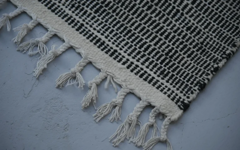 Close-up of the handwoven black and ivory wool weave and hand-finished fringe of a Zanafi rug