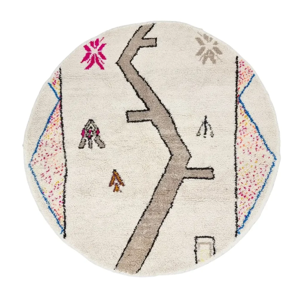 Tazrirt Round Moroccan Rug – Ivory & Taupe Symbols – Handmade Wool