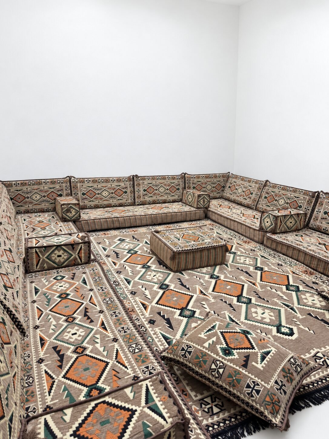 Beige Moroccan majlis prepared for guests