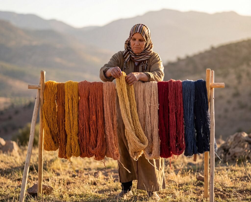 Hand-dyed wool yarn in many colours drying on a wooden rack in the mountains