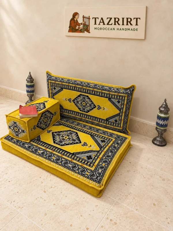Yellow Moroccan reading majlis floor seat with mattress, back cushion and armrest, seen at an angle