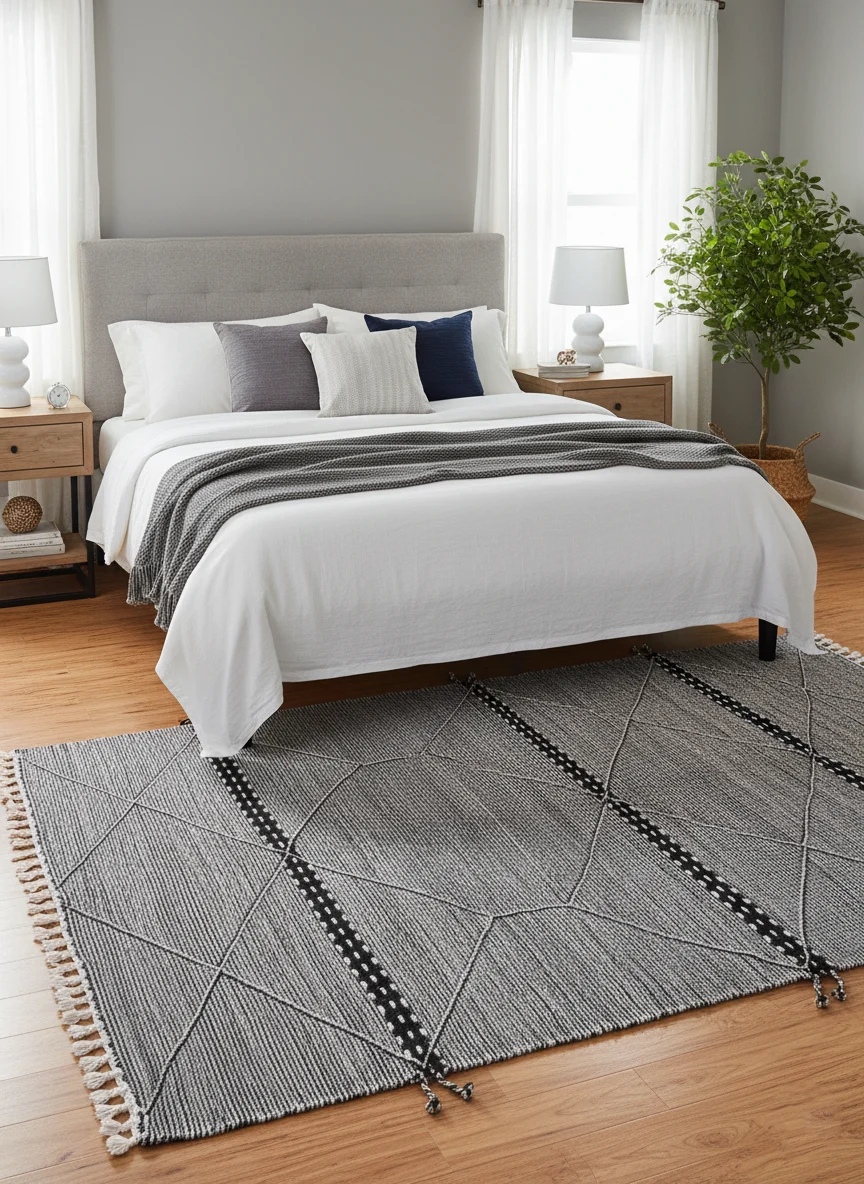 Black and white Zanafi Moroccan wool rug styled in a bedroom beside the bed.