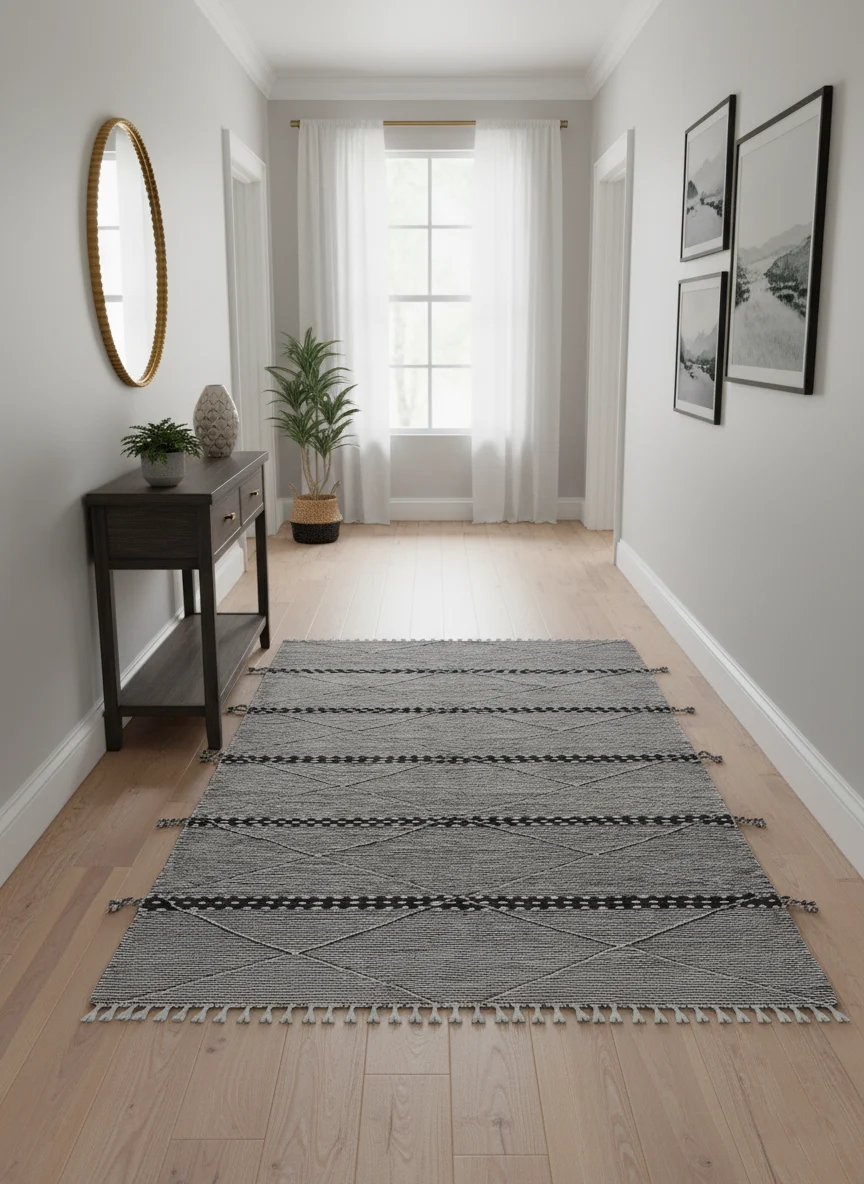 Black and white Zanafi Moroccan wool rug styled in a bright hallway.