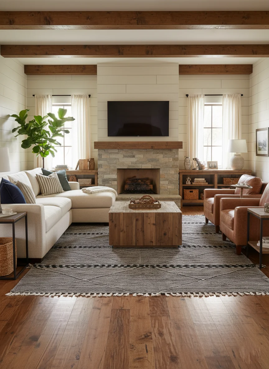 Black and white Zanafi Moroccan wool rug styled in a living room with a fireplace.