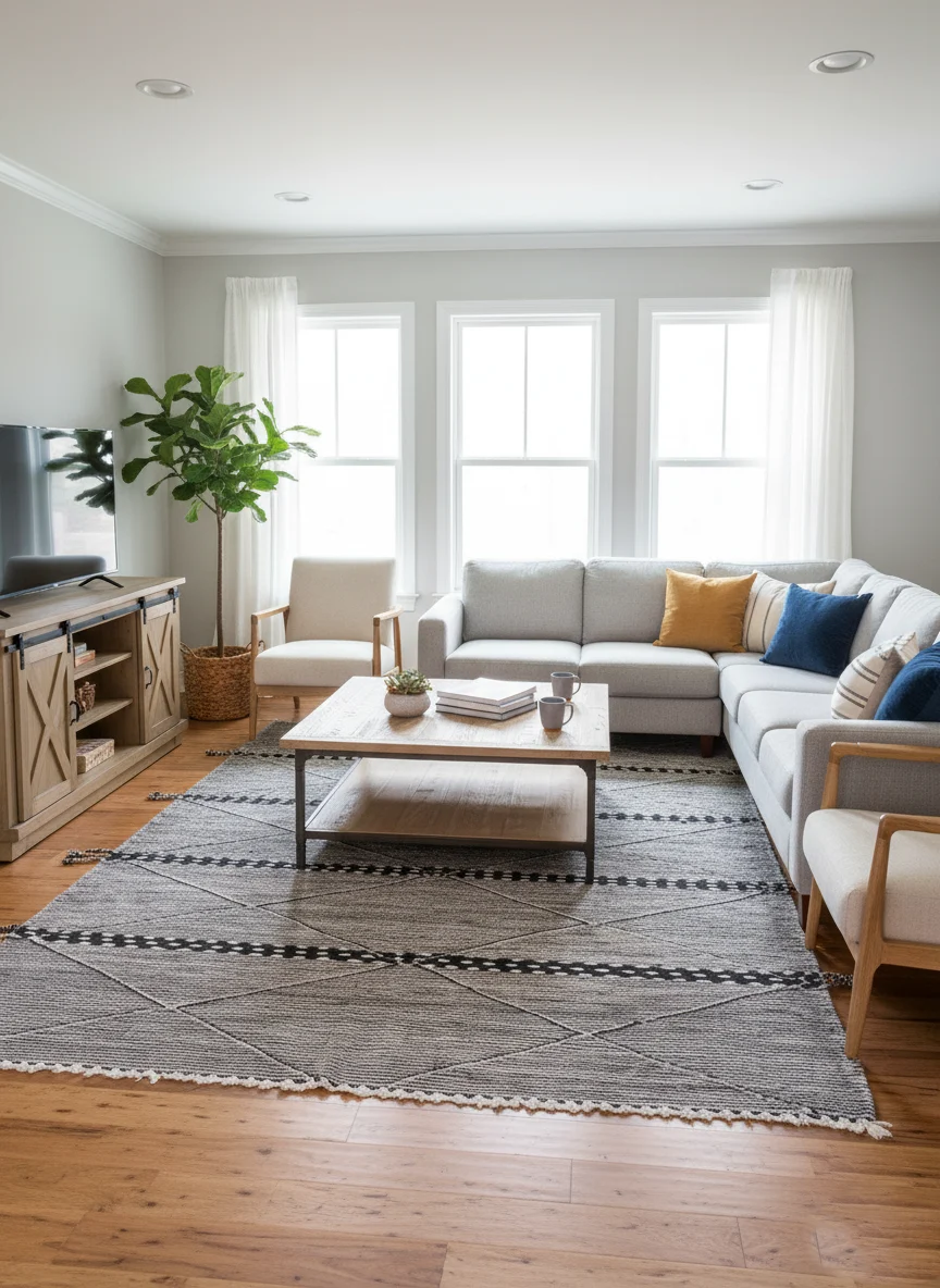 Black and white Zanafi Moroccan wool rug styled in a living room under a coffee table.