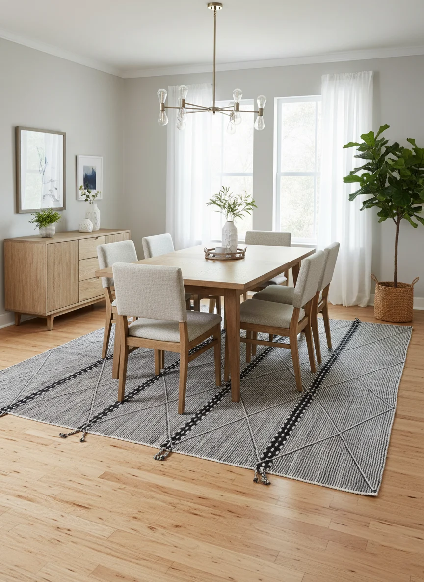 Black and white Zanafi Moroccan wool rug styled under a dining table.