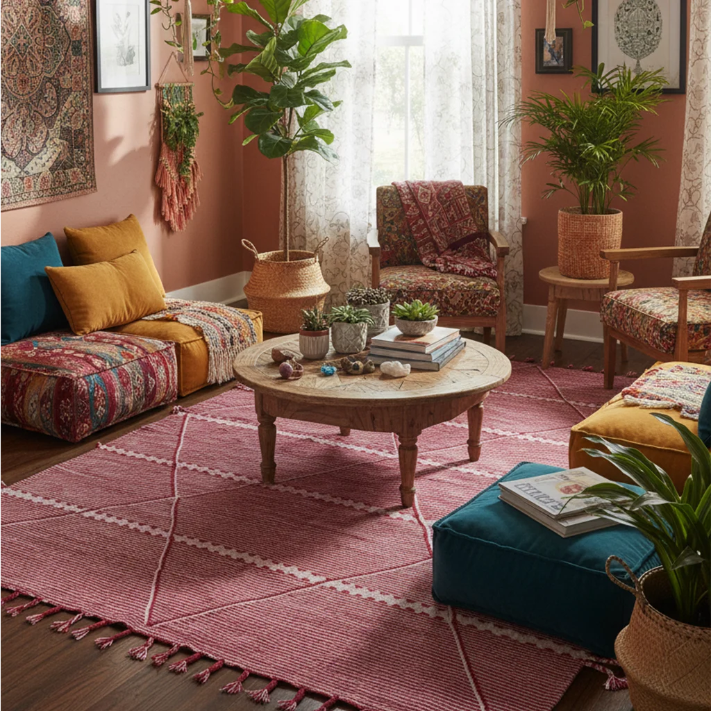Red and ivory Zanafi Moroccan wool rug styled in a colorful bohemian living room.