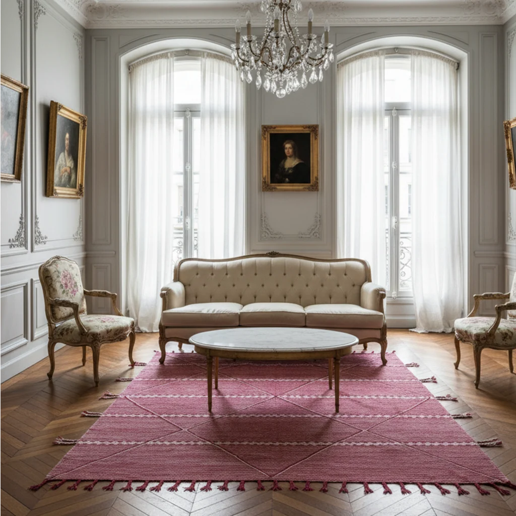 Red and ivory Zanafi Moroccan wool rug styled in a classic living room under a round coffee table.