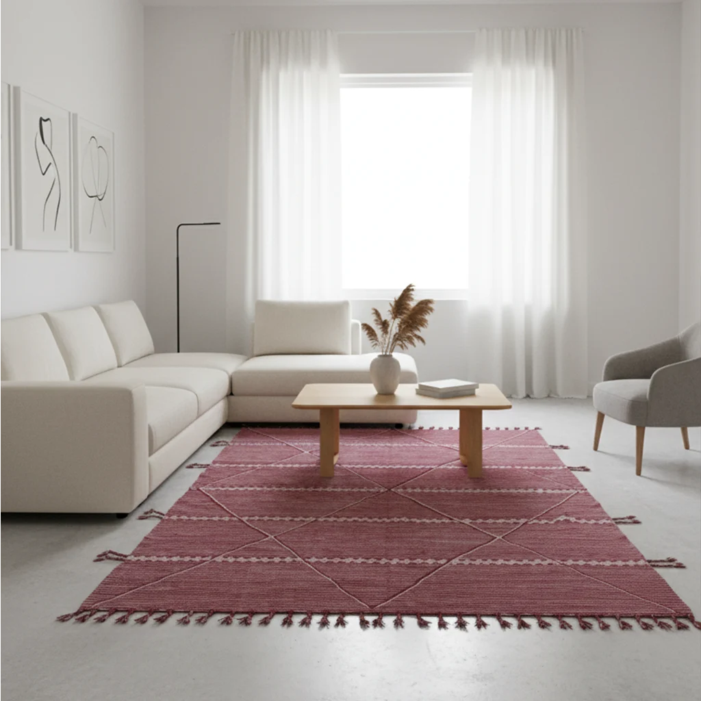 Red and ivory Zanafi Moroccan wool rug styled in a bright minimalist living room.