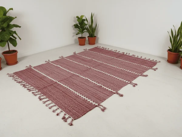 Red and ivory Zanafi Moroccan wool rug with striped bands and two-tone tassels displayed in a bright room.