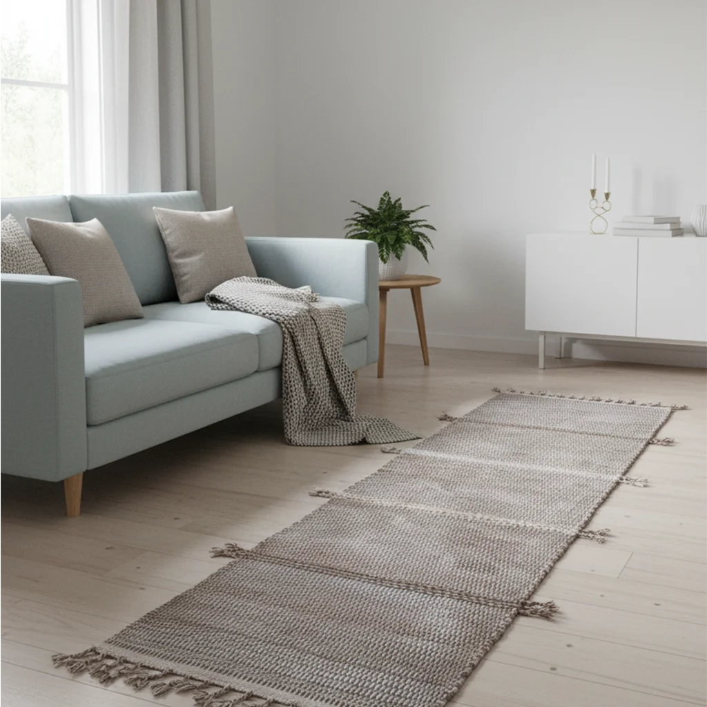 Beige Zanafi Moroccan wool runner styled beside a sofa in a bright minimalist living room.