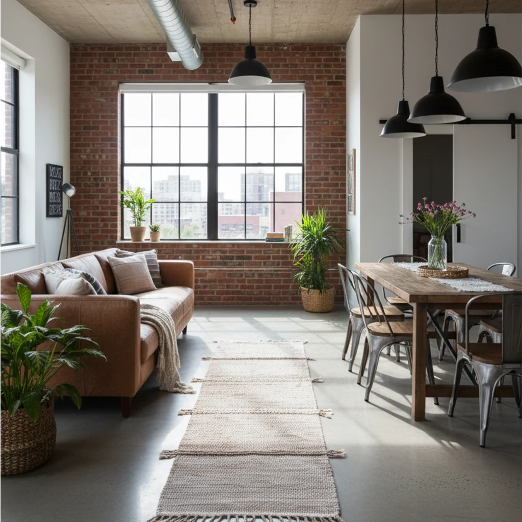 Beige Zanafi Moroccan wool runner styled in a loft dining area.