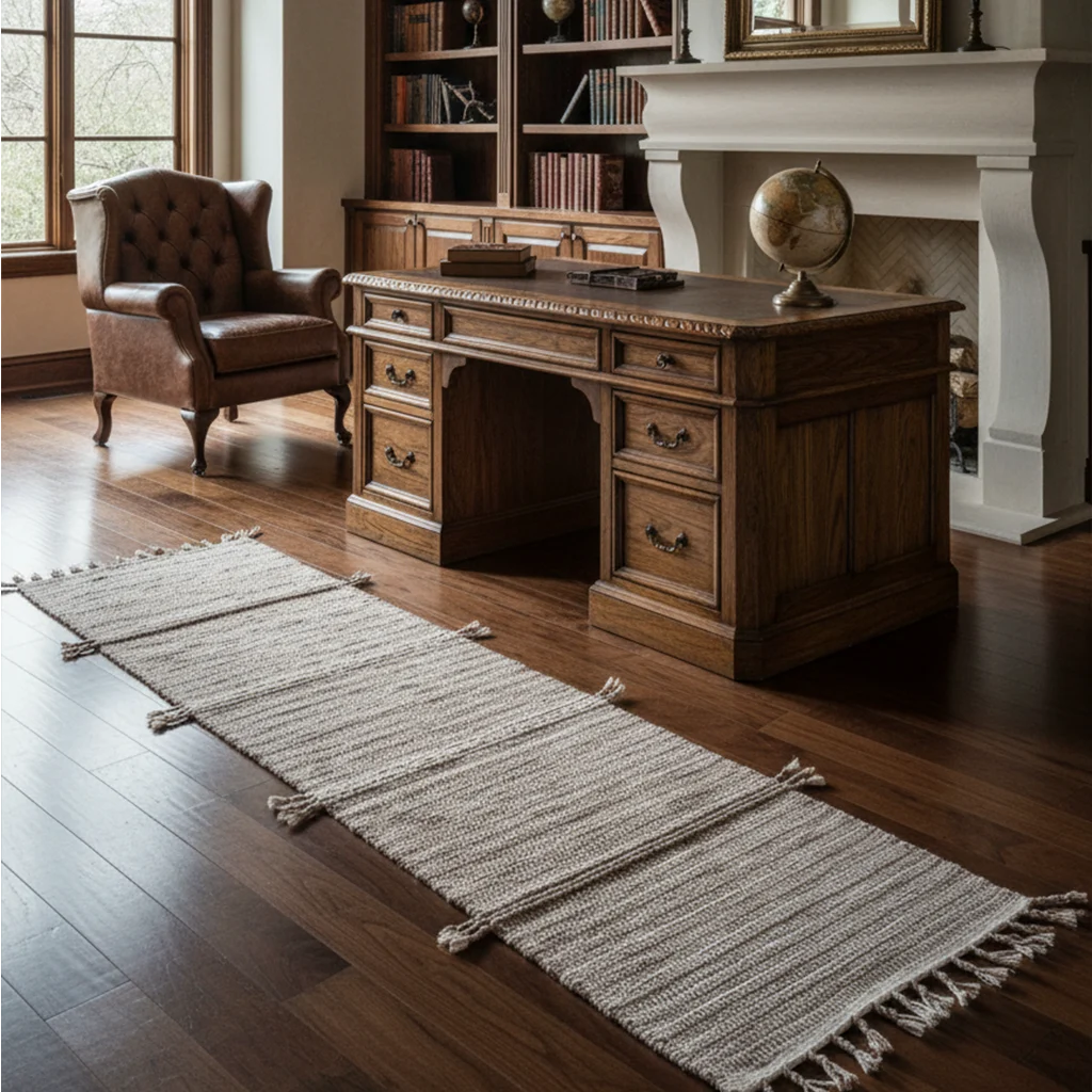 Beige Zanafi Moroccan wool runner styled in a home office beside a wooden desk.