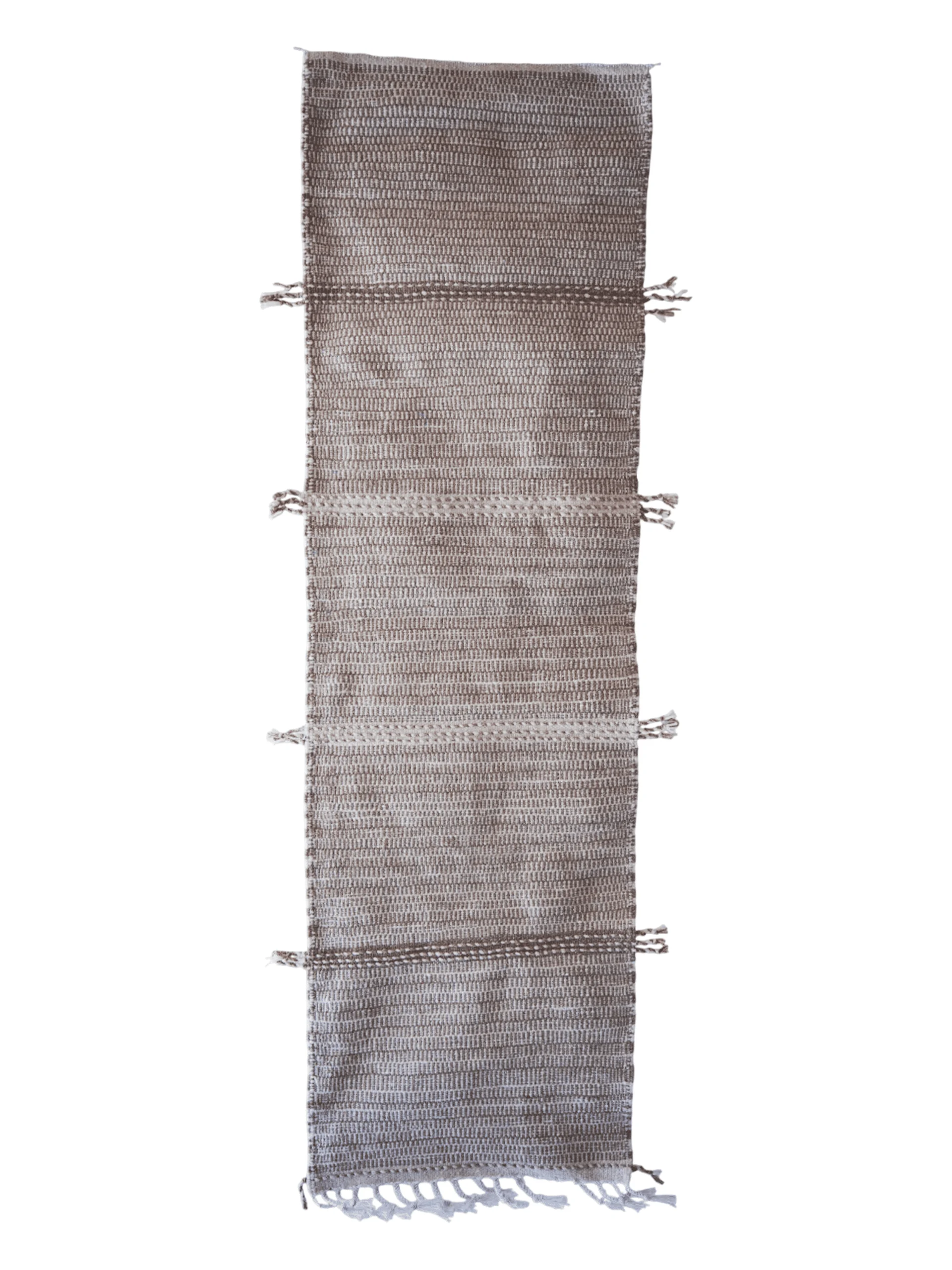 Full top view of a beige and ivory Zanafi Moroccan wool runner rug with subtle horizontal bands and side tassels.