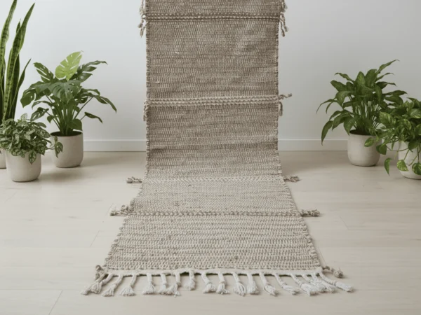 Beige and ivory Zanafi Moroccan wool runner rug displayed full length, showing horizontal bands and braided ivory fringe.