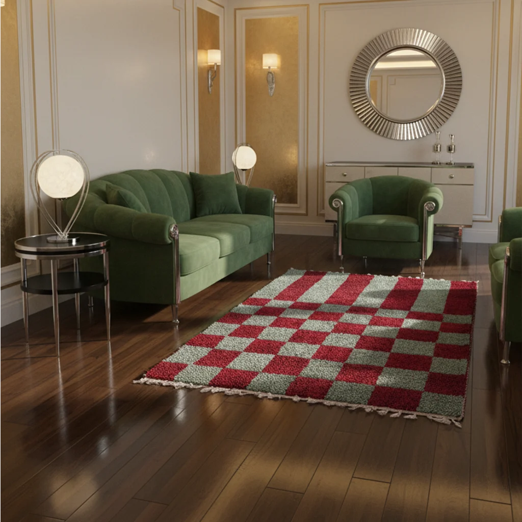 Red and sage green Boujaad checkerboard rug styled in a living room with a green velvet sofa.