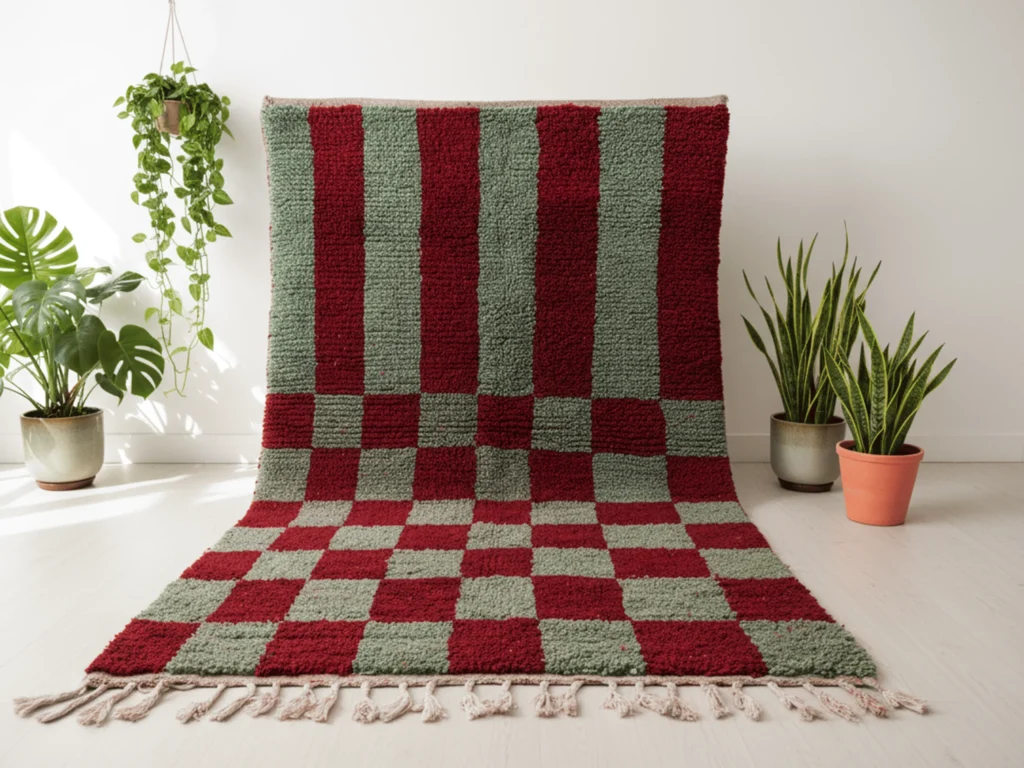 Boujaad Moroccan wool rug displayed vertically, showing red and sage green stripes transitioning into checkerboard blocks.