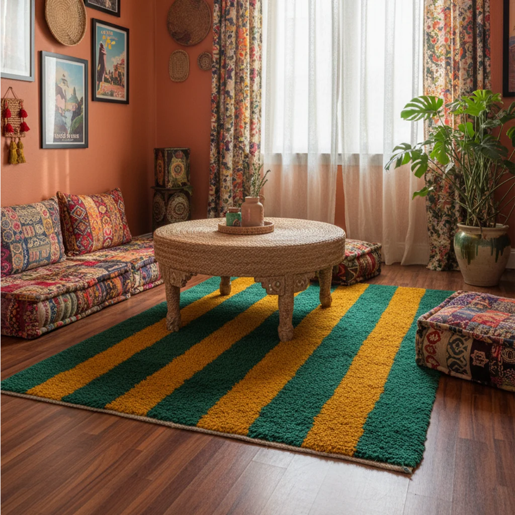 Green and mustard yellow striped Boujaad rug styled in a colorful bohemian living room.