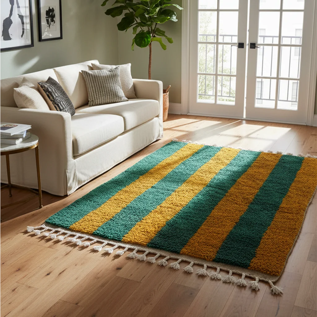 Green and mustard yellow striped Boujaad rug styled beside a cream sofa in a bright living room.