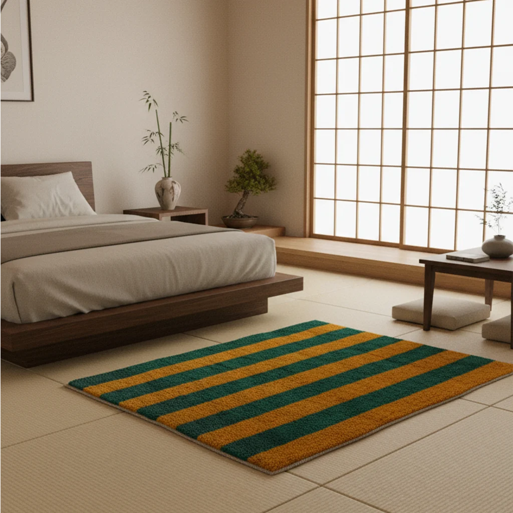 Green and mustard yellow striped Boujaad rug styled in a calm bedroom beside a low bed.