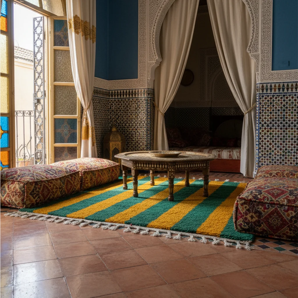 Green and mustard yellow striped Boujaad rug styled in a Moroccan-style lounge.