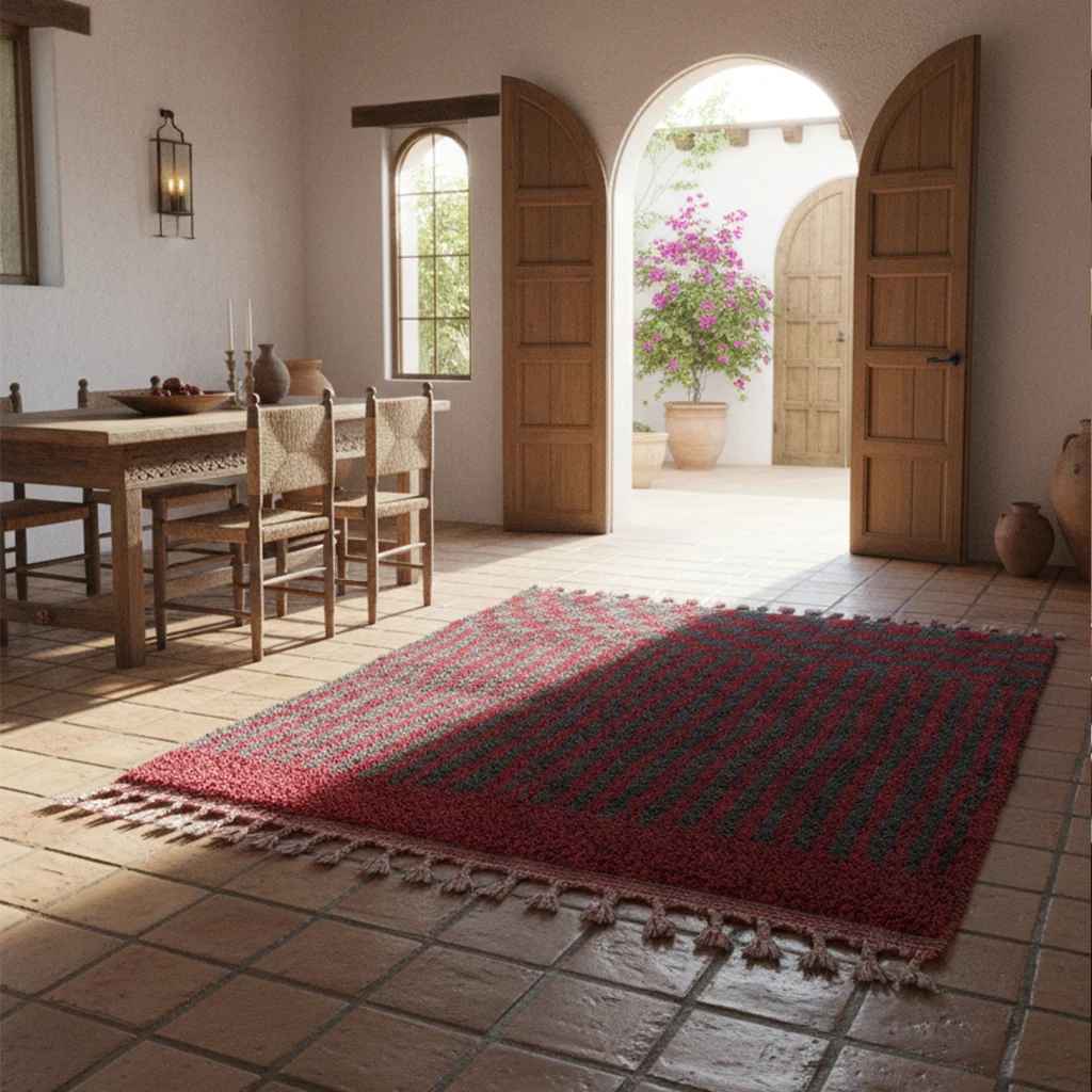 Red and charcoal Boujaad-style wool rug styled in a Mediterranean dining room with a terracotta floor.