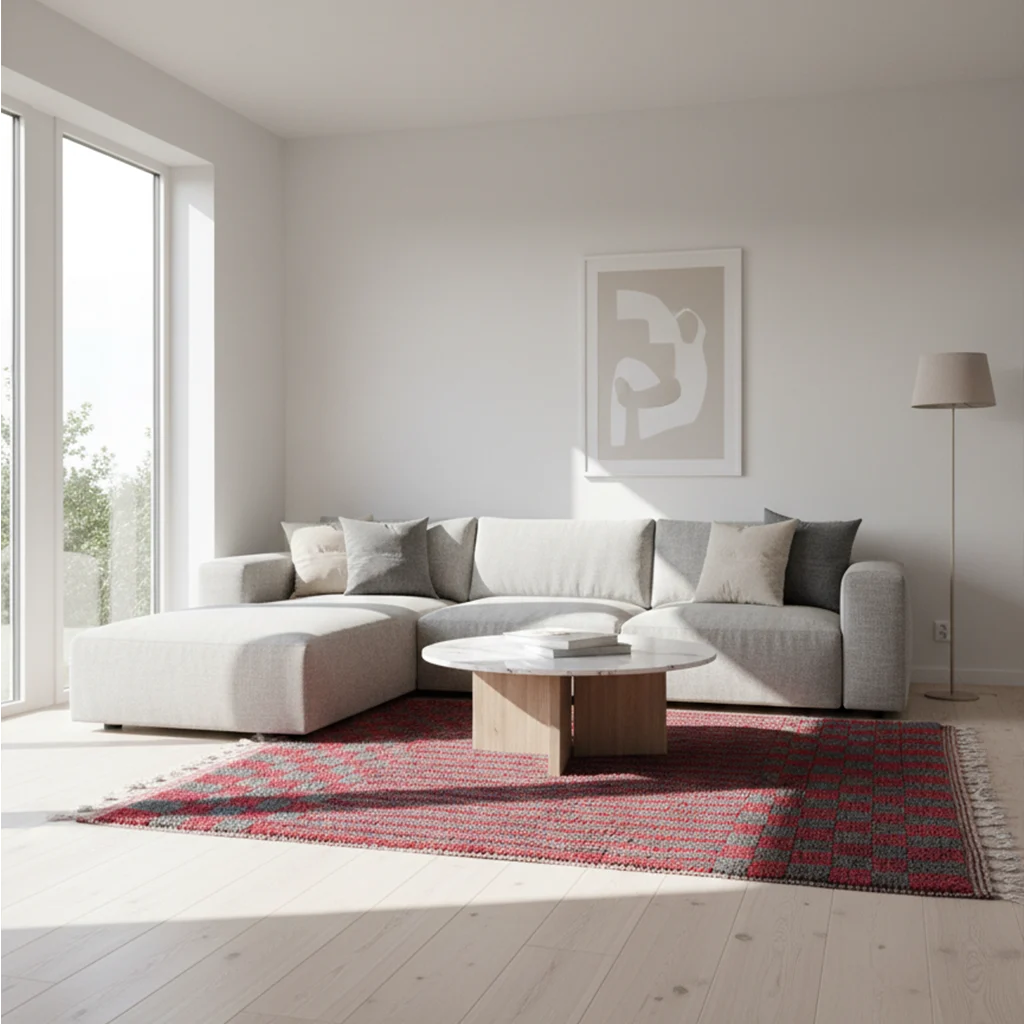 Red and charcoal Boujaad-style wool rug styled in a bright minimalist living room.