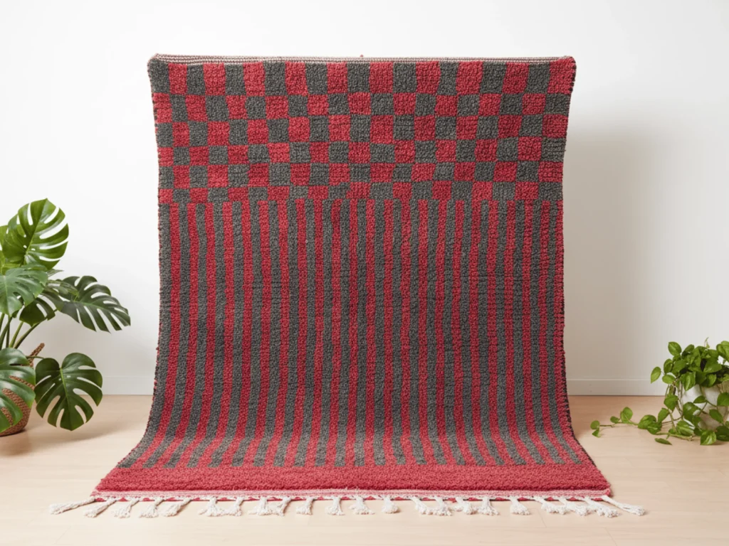 Boujaad Wool Rug – Red & Charcoal Stripes and Checks