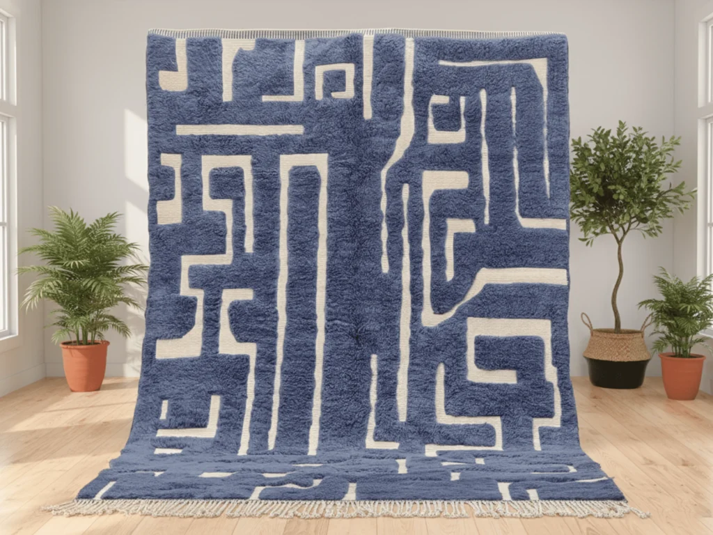 Blue & Ivory Moroccan Wool Rug – Beni Ourain Style Maze