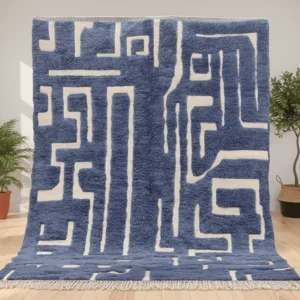 Blue & Ivory Moroccan Wool Rug – Beni Ourain Style Maze