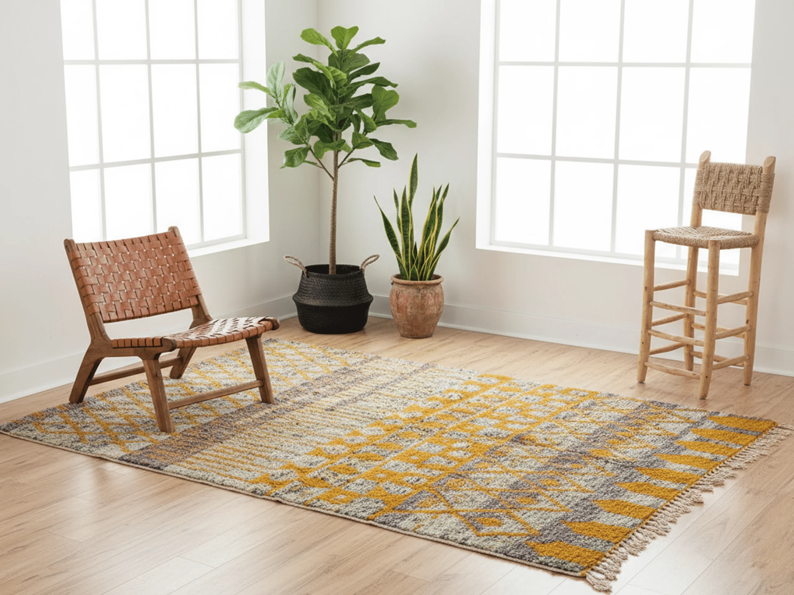 Mustard and gray Azilal-style wool rug laid in a bright room with a leather lounge chair and plants.