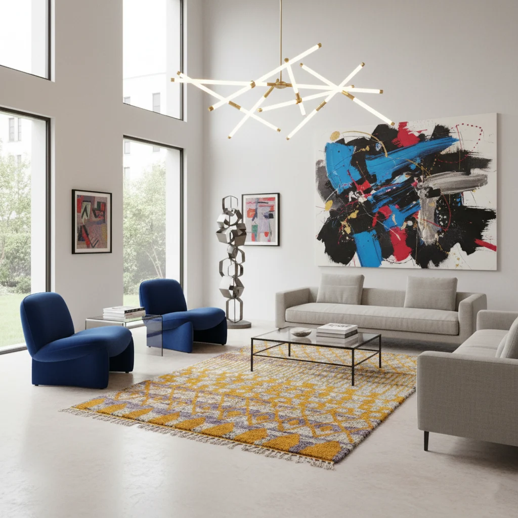 Mustard and gray Azilal-style wool rug styled in a loft living room with blue armchairs.