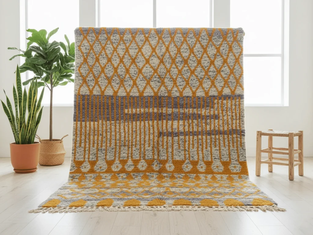 Azilal Style Moroccan Wool Rug – Mustard & Gray Geometric