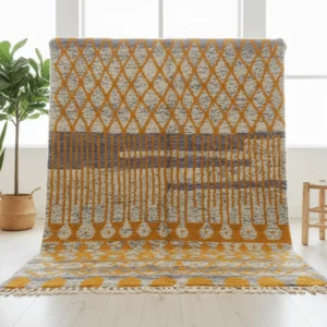 Azilal Style Moroccan Wool Rug – Mustard & Gray Geometric