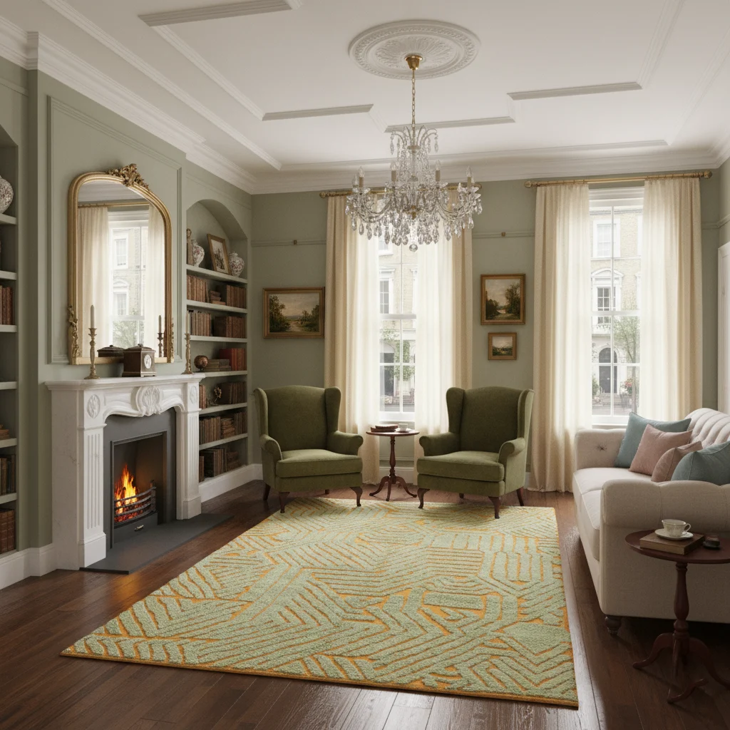 Sage green and orange sculpted wool rug styled in a classic living room with a fireplace.